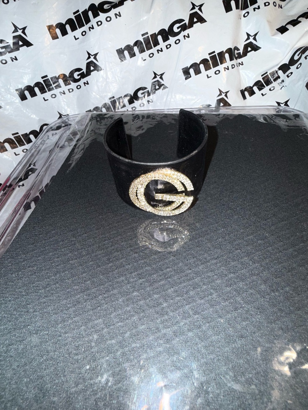 Black Leather Cuff Bracelet with Gold Accent